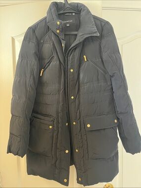 Jones New York Black Quilted Long Puffer Coat with Gold Hardware